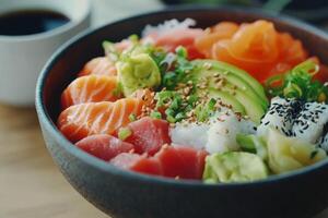 Fresh salmon sushi bowl with avocado and lime served on a gray table photo