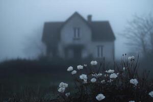 Mysterious old house surrounded by roses in a foggy landscape during twilight hours photo
