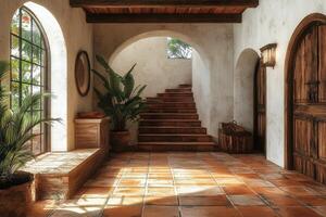 Bright and inviting entrance hall with rustic stairs and natural light in a cozy home photo