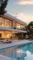 Luxurious villa with elegant architecture and beautiful pool during sunset photo