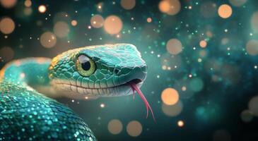 Close view of a vibrant green snake with striking golden eyes against blurred colorful background photo
