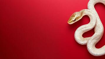 Two golden snakes entwined on vibrant red background creating a striking contrast photo