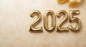 Festive celebration setup featuring gold balloons and 2025 decor for New Year festivities photo