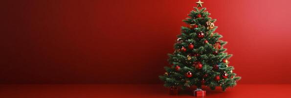 Festively decorated Christmas tree in a cozy indoor setting with a vibrant red backdrop photo