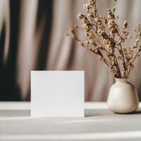 Simple blank card placed next to a vase of dried flowers in a modern interior setting photo
