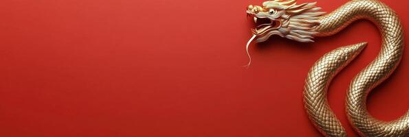 Golden dragon curling gracefully against a vibrant red backdrop in traditional Asian style photo