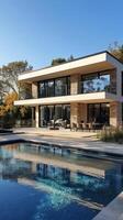 Luxurious villa with elegant architecture and beautiful pool during sunset photo