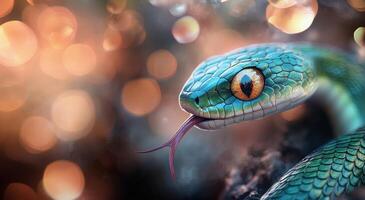 Close view of a vibrant green snake with striking golden eyes against blurred colorful background photo