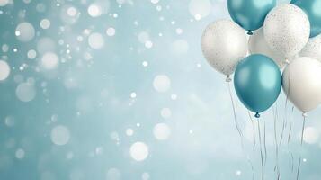Celebration with blue and white balloons floating against a soft background photo