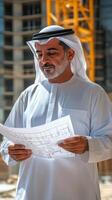 Architect reviewing construction plans at a building site in a modern city photo