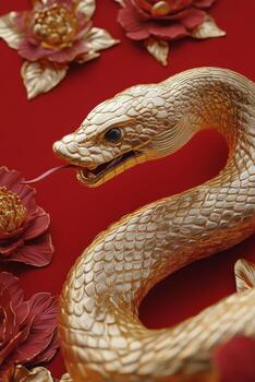Golden serpent sculpture coiling around a red background with intricate patterns photo