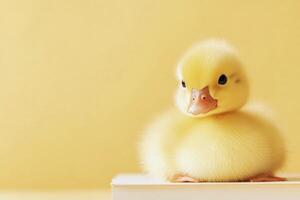 Cute yellow duckling sitting in soft light on a yellow background photo