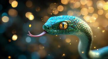 Close view of a vibrant green snake with striking golden eyes against blurred colorful background photo