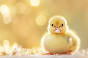 Cute yellow duckling sitting in soft light on a yellow background photo
