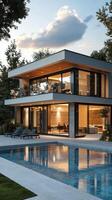 Luxurious villa with elegant architecture and beautiful pool during sunset photo