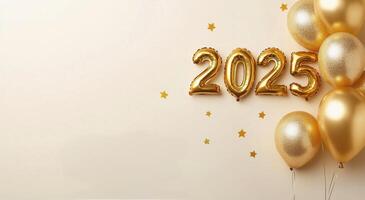 Festive celebration setup featuring gold balloons and 2025 decor for New Year festivities photo