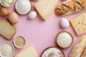 Various baking ingredients including flour, eggs, cheese, and bread on a pink surface photo