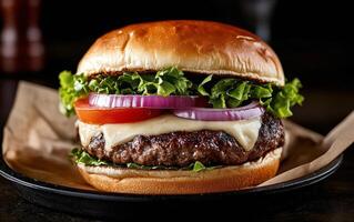 Delicious cheeseburger with lettuce, tomatoes, and onions served on a sesame seed bun photo