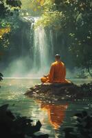 Meditating monk by tranquil waterfall reflects peace in nature during golden hour photo