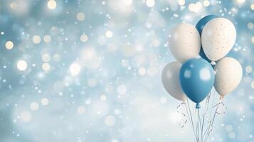 Celebration with blue and white balloons floating against a soft background photo