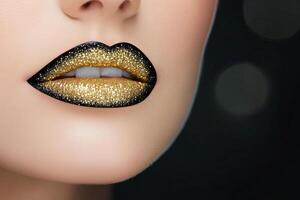 Elegant black and gold glitter lipstick art with striking contrast on a dark background photo