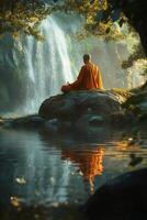 Meditating monk by tranquil waterfall reflects peace in nature during golden hour photo