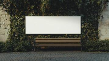 Blank billboard surrounded by lush greenery and a wooden bench in a quiet park photo
