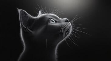 Grey cat gazes thoughtfully with illuminated profile against dark background photo