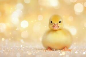 Cute yellow duckling sitting in soft light on a yellow background photo