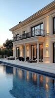 Luxurious villa with elegant architecture and beautiful pool during sunset photo