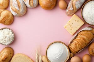Various baking ingredients including flour, eggs, cheese, and bread on a pink surface photo