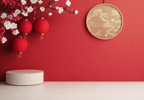 Elegant setup featuring lanterns and decorative elements against a red background photo