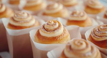 Sweet cinnamon rolls decorated with creamy frosting in a bakery box photo