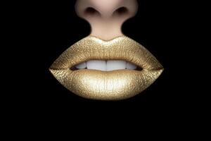 Elegant black and gold glitter lipstick art with striking contrast on a dark background photo