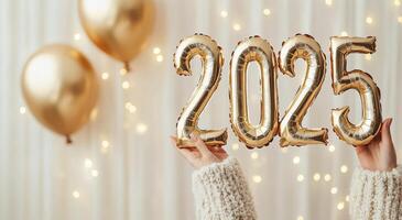 Golden balloons display the year 2025 in a festive atmosphere for celebration photo