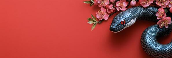 Black snake entwined with pink blossoms against a red backdrop representing nature and beauty photo