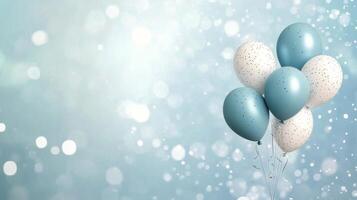 Celebration with blue and white balloons floating against a soft background photo