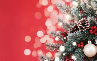 Festive holiday decor featuring a snowy tree against a vibrant red background with lights photo