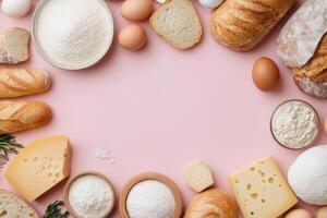 Various baking ingredients including flour, eggs, cheese, and bread on a pink surface photo
