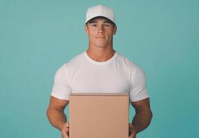 Young man delivering a package wearing a white cap and t shirt in a neutral backdrop photo