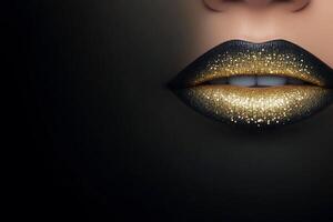 Elegant black and gold glitter lipstick art with striking contrast on a dark background photo