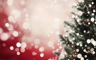 Festive holiday decor featuring a snowy tree against a vibrant red background with lights photo
