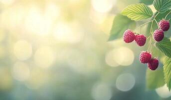 Ripe raspberries glistening in sunlight with soft bokeh background during summer harvest photo