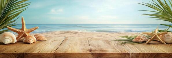 Coastal beachfront with seashells and starfish on wooden surface during sunny day photo