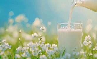 Refreshing milk poured into a glass surrounded by blooming flowers on a sunny day photo