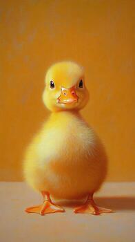 Cute fluffy duckling standing on a surface with a warm yellow background photo