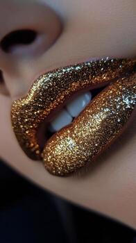 Shimmering golden lips with sparkling glitter for striking makeup look at nighttime event photo