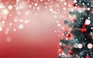 Festive holiday decor featuring a snowy tree against a vibrant red background with lights photo