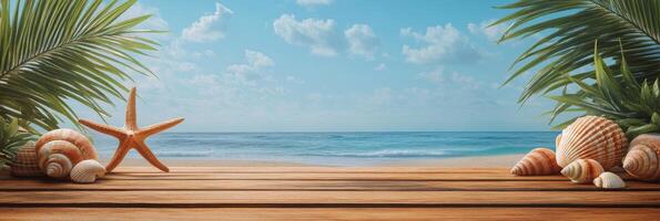 Coastal beachfront with seashells and starfish on wooden surface during sunny day photo