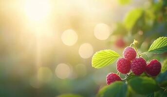 Ripe raspberries glistening in sunlight with soft bokeh background during summer harvest photo
